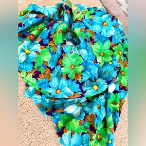 4 Yds Vintage MCM retro 70s 60s Bright Floral Tropical fabric Blue Flower Power
